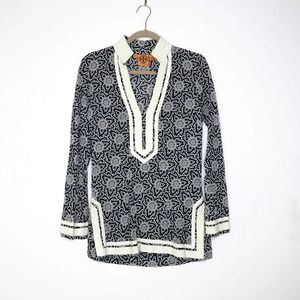 TORY BURCH Damask Floral Print Cotton Tunic Top Contrast Trim Black White 4